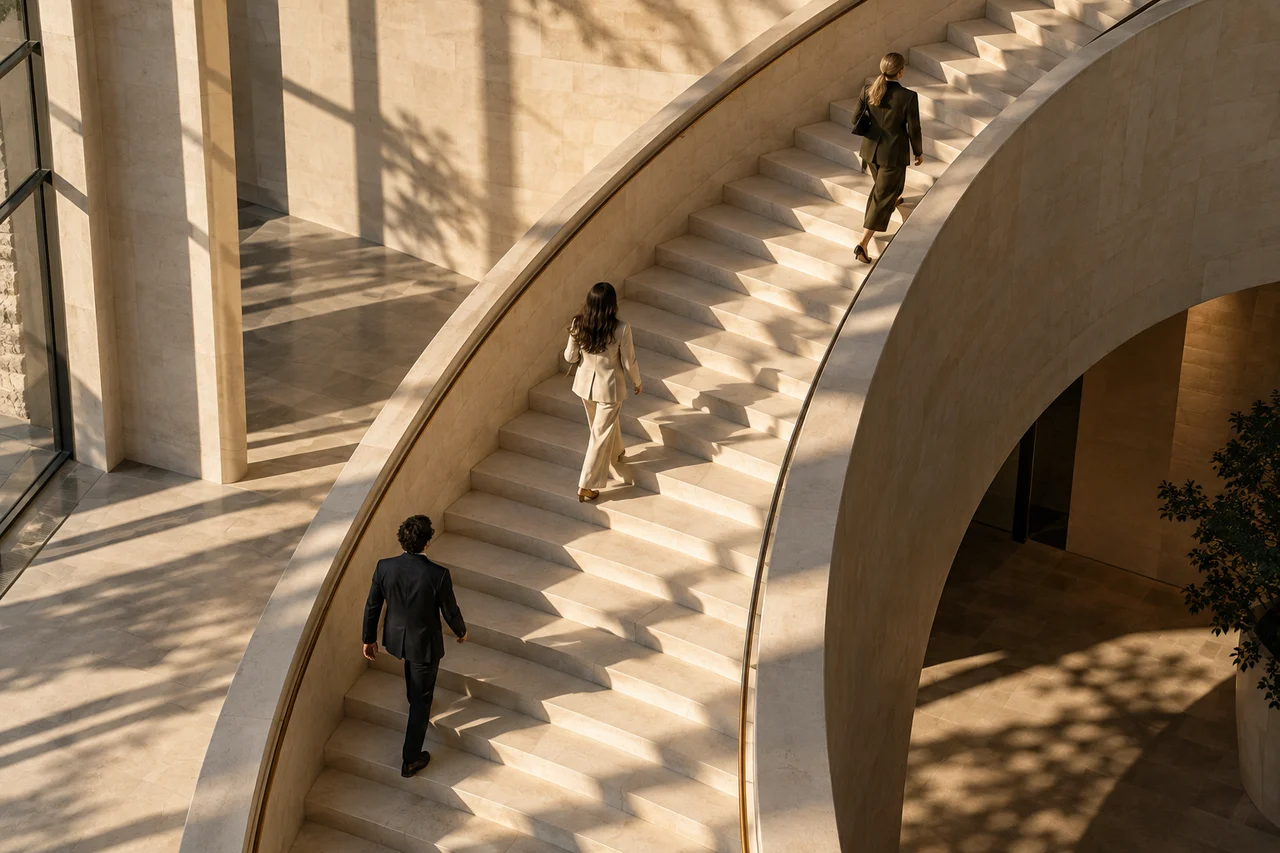 People ascending a sunlit sculptural staircase